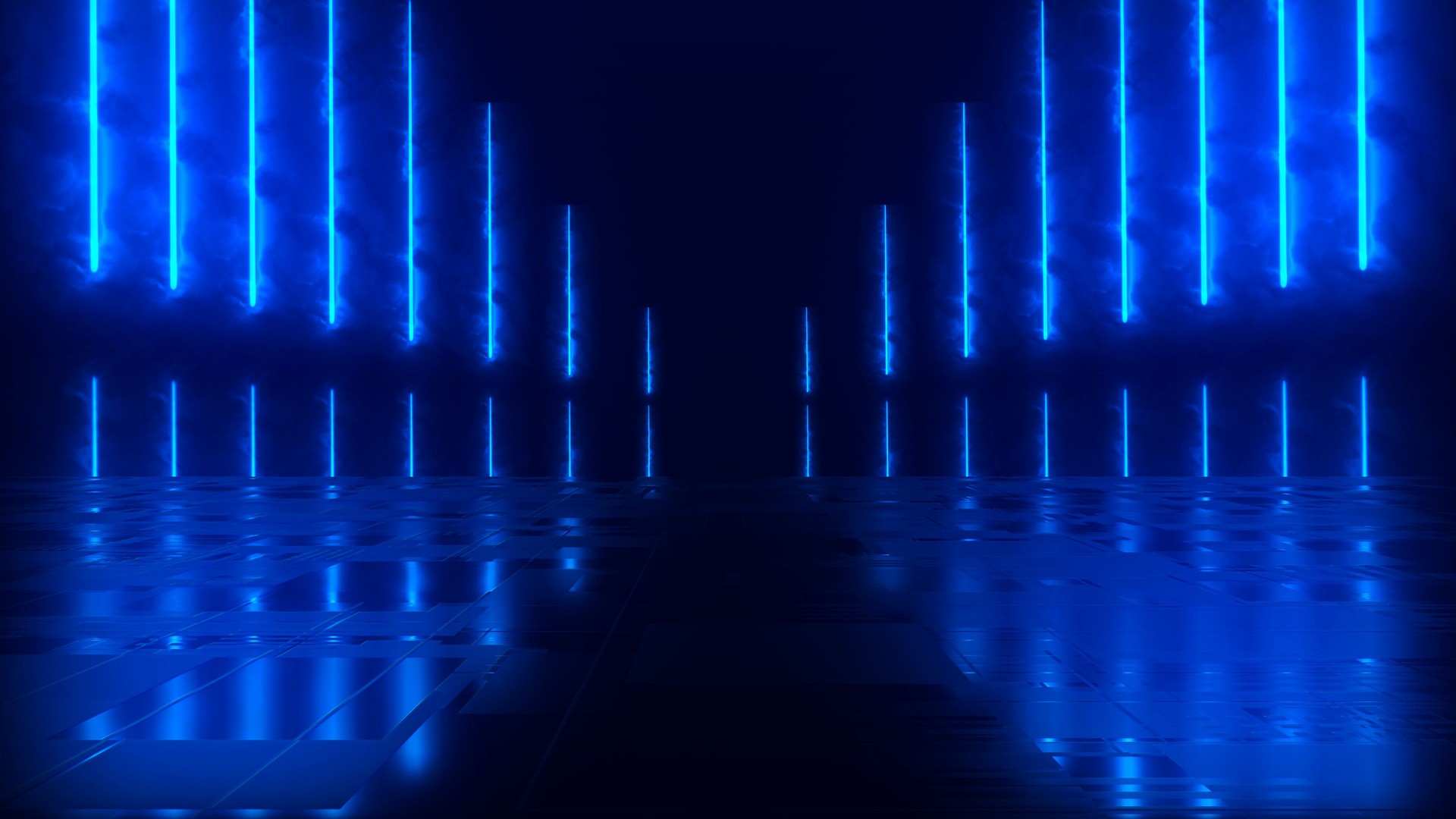 Futuristic Sci-Fi Abstraction of a bright, colored neon light figure on a dark background and a reflective concrete floor. Modern laser grunge. 3D render illustration.